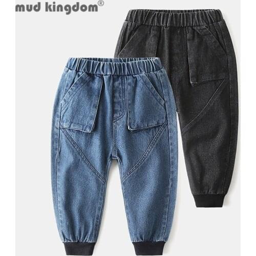 Mudkingdom Boys Jeans Solid Pocket Casual Elastic Waist Loose Denim Pants Trousers for Kids Spring Autumn Children Clothing