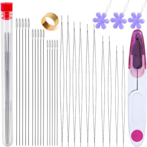 LMDZ 30Pcs Beading Needles Set 2 Styles 8 Sizes Beading Needle with Storage Tube Scissors Threader Thimble for Jewelry Making