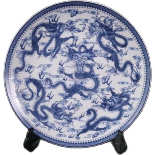Chinese Old Porcelain Blue And White Dragon Pattern Appreciation Plate