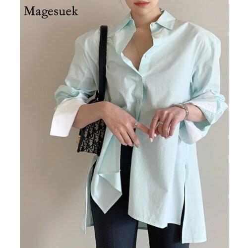 Korean Chic Autumn Cotton Blouse Women Casual Loose Long Sleeve Shirt Woman Irregular Split Contrast Single-breasted Tops 15821