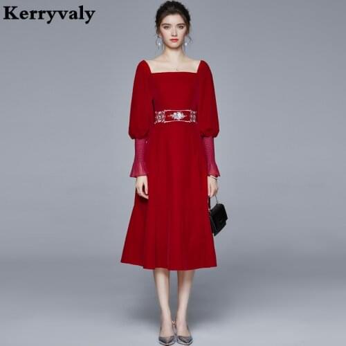 Cinnabar Red Embroidered Velvet Winter Dress Vestido Invierno Mujer 2021 Long Sleeve Evening Night Dress Kleider Damen K6006