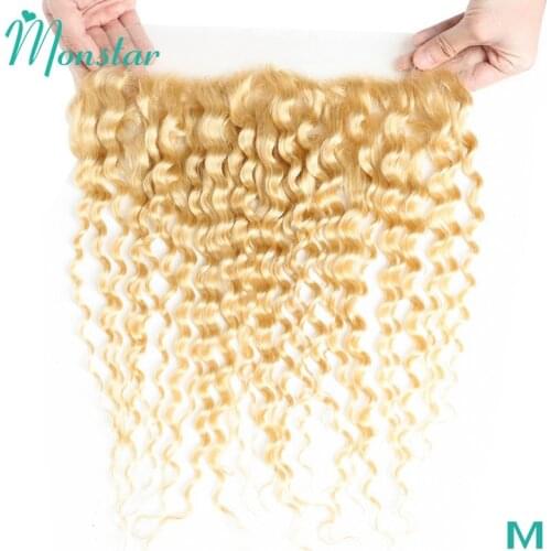 Monstar 613 Blonde Deep Wave Closure Brazilian Remy Hair Pre Plucked Swiss 13*4 Ear to Ear Free/Middle Part Lace Frontal Closure