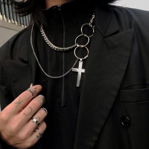 HUANZHI 2019 Punk Cool Hiphop Double Layer Metal Round Circle Chain Link Cross Pendant Necklace for Women Men Party