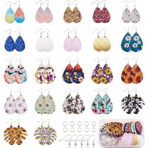 1Box DIY Earring Making Kit with Leather Pendants Iron Jump Rings and Brass Earring Hooks for DIY Jewelry Making Findings