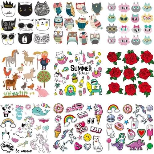 Set Of Patches For Clothes Stickers Iron On Transfers Unicorn Flowers Stickers DIY Heat Transfer Parches Print On Hoodies Jeans