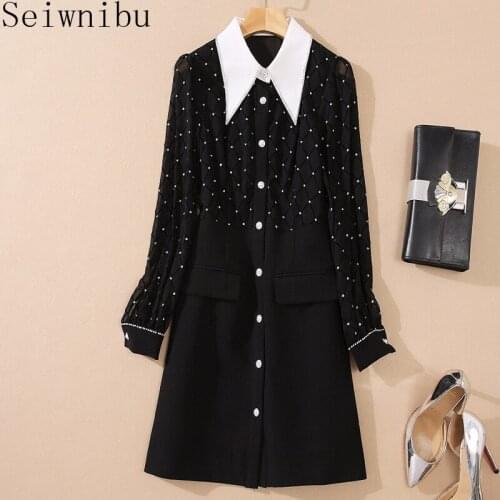 Contrasting Color Small Pointed Collar Shirt Stitching Single-Breasted A- line Dress Fake Two-Piece Dress 2020 Autumn New