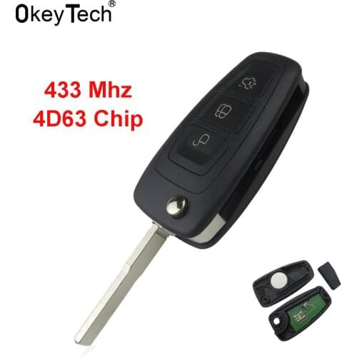 OkeyTech 3 Button Remote Control Car Key Fob 433Mhz 4D63 Chip Flip Fodling Keyless Entry Fob for Ford Focus Fiesta HU101 Blade