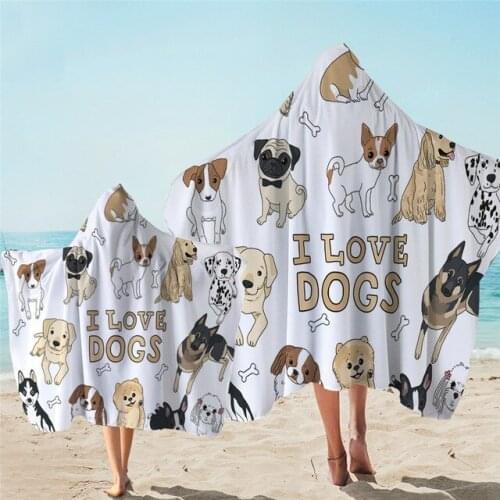 Cut Dog Printed Microfiber Beach Poncho Towel For Parent-kid Absorbent Quick Drying Bath Cape Blanket Outdoor Surf Towels