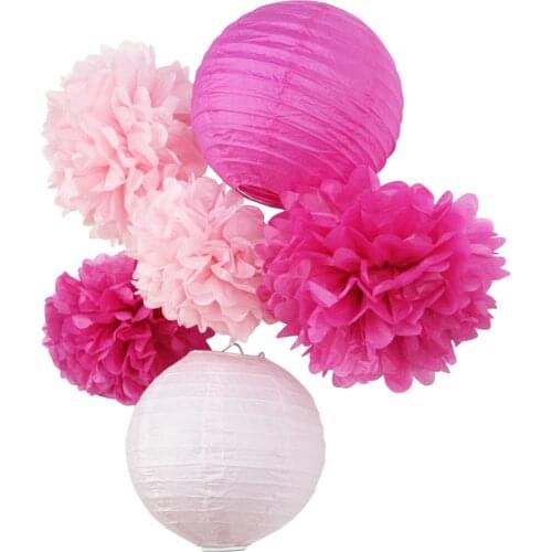 Pink,Fuchsia,) 6pc Paper Decoration Set Paper Crafts(Paper Lantern,Pom Pom) Wedding Birthday Valentine Party Nursery Decor