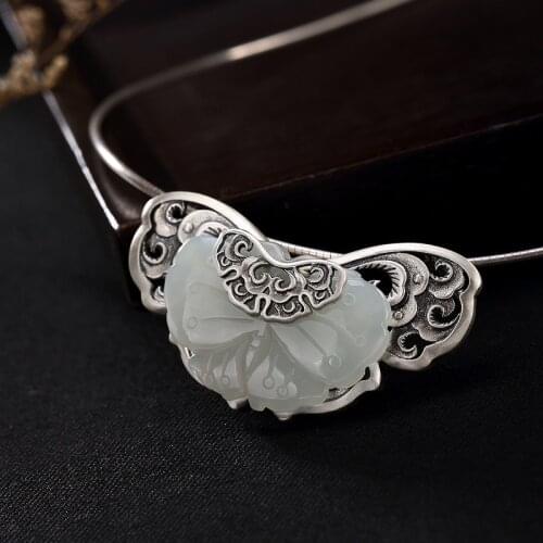 Silver S925 Pure Silver Antique Mosaic And Tian Yu White Jade Butterfly Xiangyun Lady High-end Brooch Pendant Wholesale