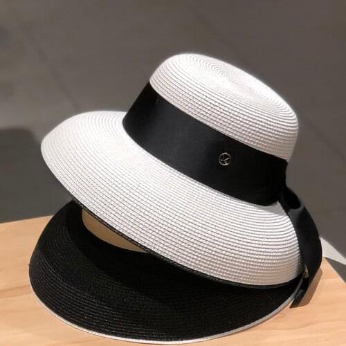 New Summer Sun Hats Women Fashion Girl Straw Hat Ribbon Bow Beach Hat Casual Straw Flat Top Panama Hat Bone Feminino