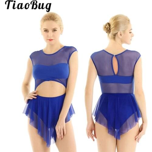 TiaoBug Women Dancewear Sleeveless Cutout Mesh Splice Figure Skating Dress Ballet Gymnastics Leotard Competition Dance Costume
