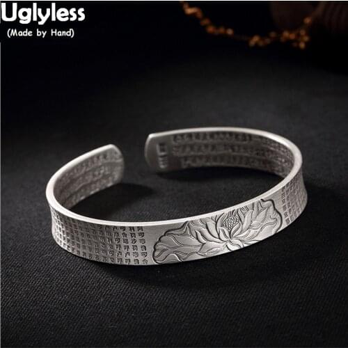 Uglyless Solid 99.9% Fine Silver Lotus Bangles for Women Adjustable Buddhism Open Bangles Heart Sutra Religious Gifts Jewelry