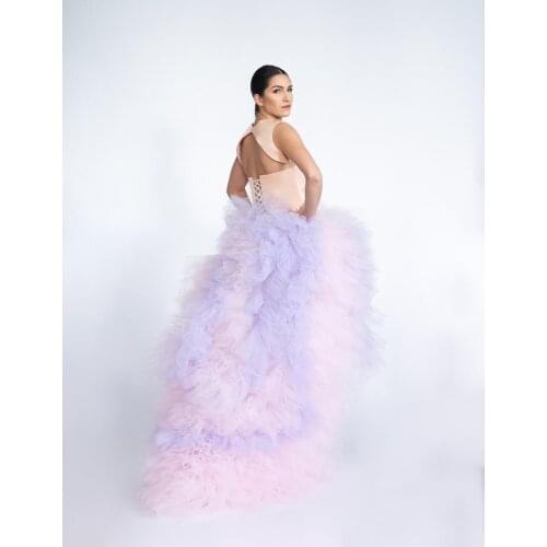Chic Lavender And Pink Ruffles High Low Tulle Skirts Wedding Prom Party Women Mesh Tulle Skirts Mix Color Maxi Skirt