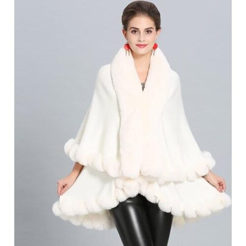 Autumn Winter Women Double Layers Plus Size Sweaters Shawl Knitted Poncho Cape Female Faux Fox Fur Cappa Loose Cardigan Cloak