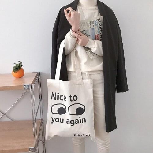 Women Shoulder Canvas Bag Korea Large Tote Shopping Bag Student Schoolbag Handbag Cartoon Print Letters Nice To See You Again