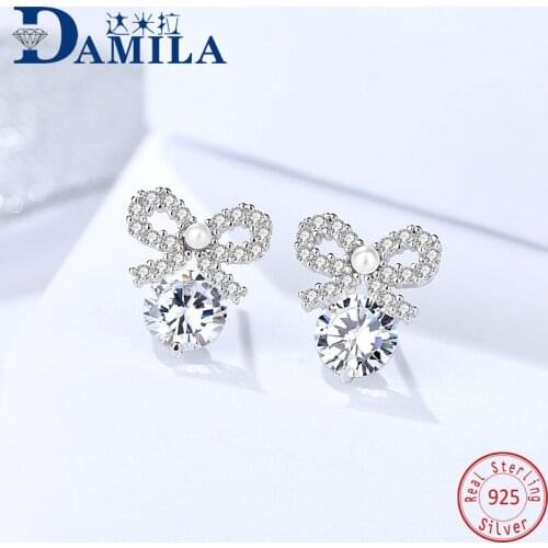 Fashion Bowknot 925 sterling silver earrings for women Crystal cubic zirconia stone stud earrings for female girls gifts