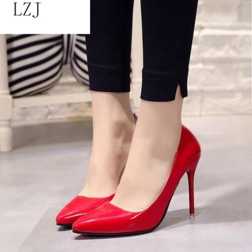 Plus Size 34-44 Hot Women Shoes Pointed Toe Pumps Patent Leather Dress High Heels Boat Wedding Zapatos Mujer Blue Wine Red