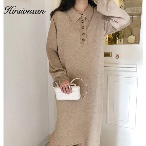 Hirsionsan Button Winter Long Dress Women Straight Chic Knitted Elastic Winter Solid Color Basic Plus Size Soft Black Clothing