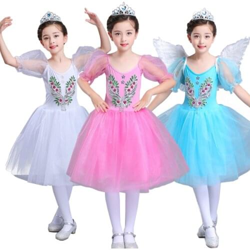 Girls Little Swan Dance Performance Costume Children Ballet Puff Sleeve Sequined Veil Princess Tutu Performance Costume