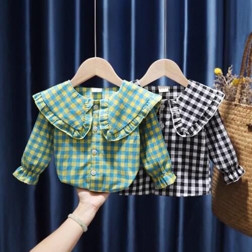Girls Plaid Flounce Blouse Toddler Baby Kids Long Sleeve Shirt Spring Children Clothing Princess Infant TopsPeter Pan Collar