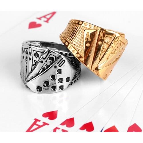 316L Stainless Steel Straight Flush Poker Men Ring Hip Hop Good Lucky Talisman Biker Ring for Men Boy Fashion Jewelry Gift