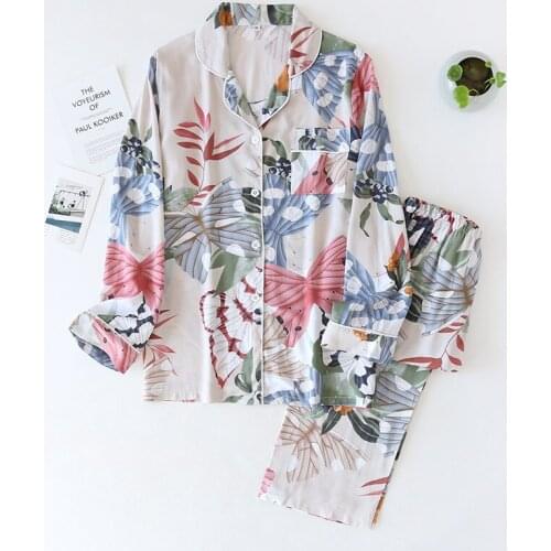 Cotton Women Print Flower Pajamas Set Sexy Lingerie Long Sleeve Sleepwear Nightwear 2PCS Ladies Home Wear Casual Pijama Pyjamas