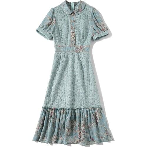 Summer French Sweet Girls Peter Pan Collar Puff Sleeve Flower Embroidered Mesh Patchowrk Printed Chiffon Ruffles Dresses 6712