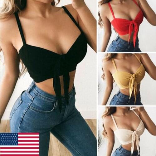 Summer Women Strappy Bra Top Sexy Sleeveless V Neck Bow Knot Bandage Short Vest Solid Color Simple Vest
