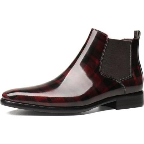 Fashion Gray / Wine Red Mens Dress Boots Genuine Leather Chelsea Boots Male Ankle Boots