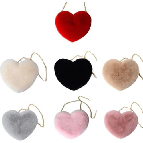 Fashion Women Heart Shape Faux Fur Crossbody Purse Lady Casual Chain Shoulder Messenger Bag Female Travel Shopping Tote Handbag