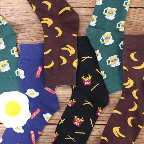 PEONFLY Men Socks Cartoon Banana Beer French Fry Eggs Colorful Funny Harajuku Japanese Street Hip Hop Vintage Casual Cotton Sock