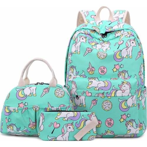 Cartoon unicorn school backpack set elementary school bags for girls rainbow love heart children pen pencil handbag set