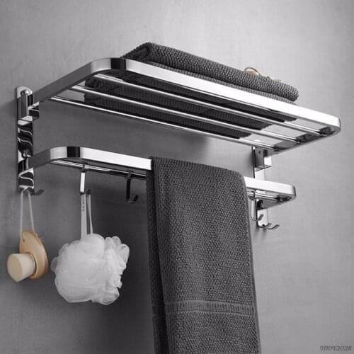 Stainless Steel Wall Mounted Foldable Bath Towel Rack Rail Holder Punch-Free Bathroom Storage Shelf with 4 Sliding Hooks A22
