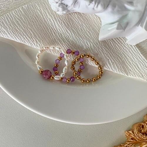 New Freshwater Pearl Ring Set Natural Stone Purple Stainless Steel Bead Ring for Women Birthday Gifts Wedding Engagement Rings