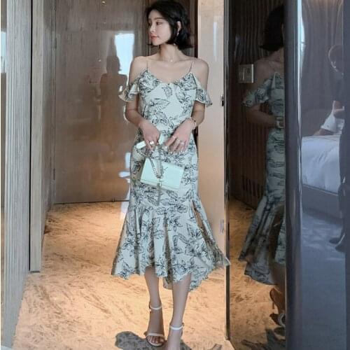 New arrival fashion summer midi beach dress women OL elegant floral print ruffle strap backless off-shoulder party holiday dress
