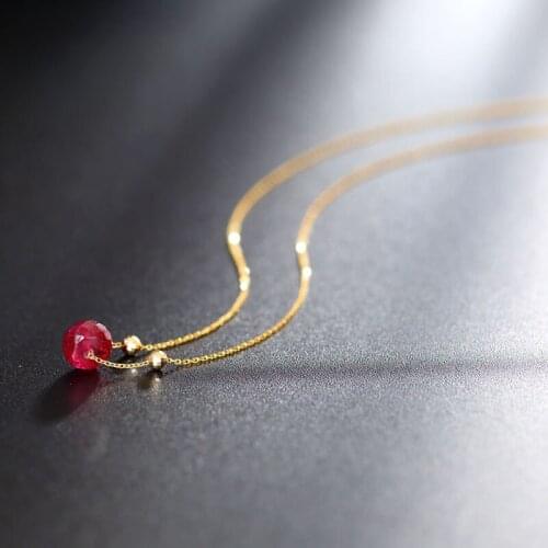 DMBS362 18K Gold Genuine Gemstones Faceted Ruby Single Pendant Light Luxury Style Clavicle Chain Necklace Genuine