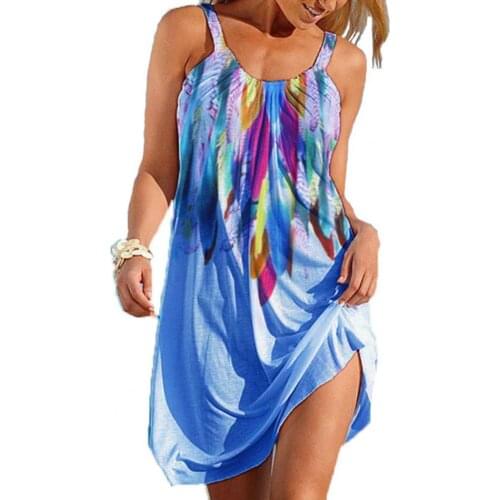 Dresses for women 2021 Feather Printing Sling Sleeveless U-neck Off Shoulder Mini Dress Sundress for Beach Summer clothes