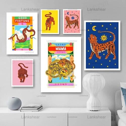 Modern Abstract Canvas Tiger Mama Cartoon Animal Posters Pink Blue Yellow Wild Tiger Dragon Wall Print Pictures Kid Room Decor