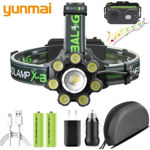 Smart Led Headlamp Bluetooth Speaker XM-L T6 Headlight 8000 Lumen Zoom USB Reachargeable 18650 Battery Head Flashlight Lamp