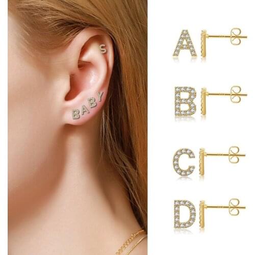 Top Quality Fashion Gold Plated Initial CZ Letter Tiny Stud Earrings Sterling Silver For Women Jewelry With 925 Stamp
