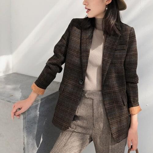 Woman Plaid wool suit woman Suit Plaid Slim Blazer Autumn winter woman Vintage plaid suit jacket straight casual woolen jacket