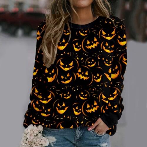 Halloween Print Casual Hoody Pullover Women Soft Comfortable O-Neck Long Sleeve Pumpkin Skeleton Hoodies Fashion Top Without Cap