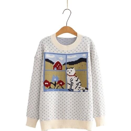 YUPINCIAGA Women Autumn Winter Sweet Kitty Jacquard Sweater Harajuku Pullover O-Neck Long Sleeve Girls Knit Jumpe Sweaters