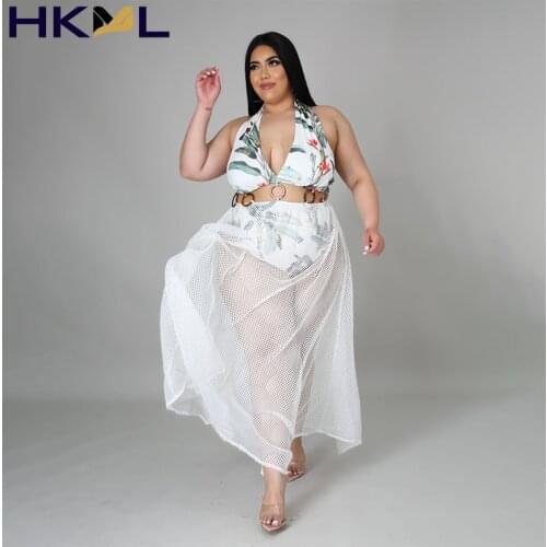 Women Plus Size Dress Mesh See-through Sleeveless Halter Bandage Hollow Out Loose Maxi Dresses Sexy Beachwear Summer