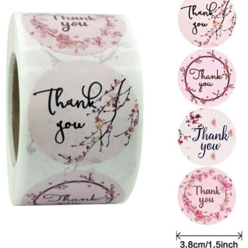 1.5Inch Pink Wreath Thank You Stickers Labels Decoration Colored Paper Scrapbooking Sticker Sealing Stationery Supply 50PCS