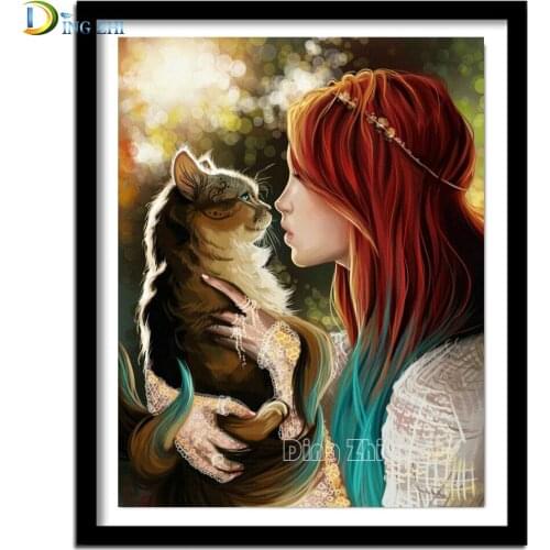 Fashion Woman And Cat Look At Each Other 5D Diy Diamond Painting Portrait Wall Art Square/Round Mosaic Animal Embroidery Kits
