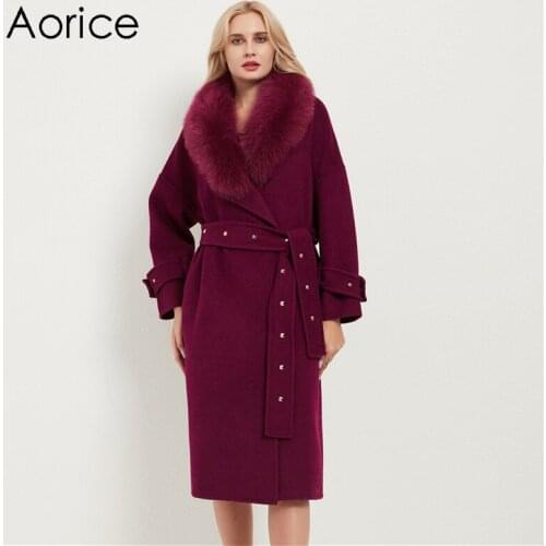 Aorice Women Real Fur Coat Jacket With Natural Fox Fur Collar Lady Female Girl Winter Blet X-long Trench Parka CT039