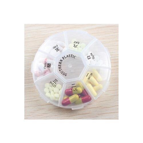 Pill case-2PCS Travel 7 Compartment Transparent Pill Box Medicine Tablet Round Box Dispenser Holder Organizer Dispenser Case