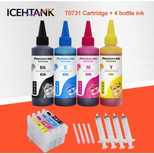 ICEHTANK Ink Cartridges For Epson T0731 Stylus TX210 TX213 TX219 TX220 TX228 TX300F TX400 Printer +4 Color 100ml Bottle Dye Ink